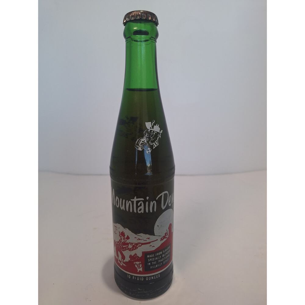 Vintage 1965 Mountain Dew 10 Oz ACL Soda Bottle Unopened "It'll Tickle Yore...."